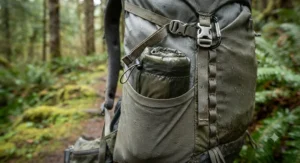Compact, rolled-up rain chaps stored inside the side pocket of a hiking pack.