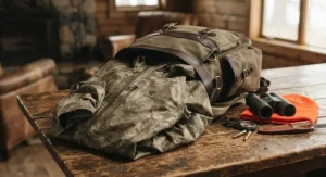 A packable waterproof hunting jacket partially folded next to hunting gear on a wooden table.