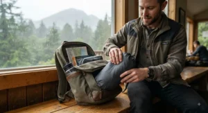 Man packing compact, waterproof rain pants into a backpack for a travel trip
