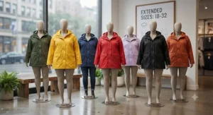 An inclusive range of plus size rain jackets for women displayed in various colors on mannequins.