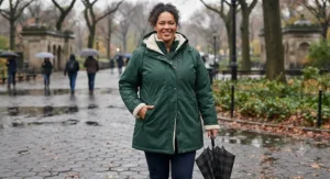A warm, fleece-lined plus size rain jacket for women designed for cold and wet weather conditions.