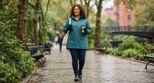 A smiling model wearing a comfortable teal plus-size women's rain jacket in an urban park setting.