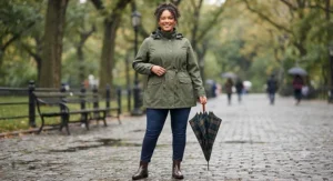 A tailored olive green plus size rain jacket for women featuring a flattering drawstring waist.