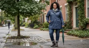 A navy blue plus size rain jacket for women styled with casual denim jeans for a comfortable everyday look.