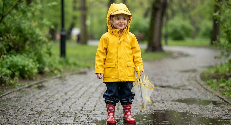 Bright yellow waterproof rain jacket for kids with an attached hood for rainy days