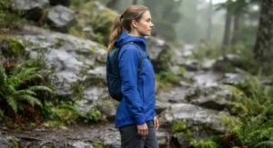 Side profile of a person demonstrating that a well-fitting rain jacket should cover the hips for optimal water protection.