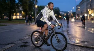 High-visibility reflective rain jacket for men being worn during an evening bike ride