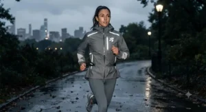 Reflective grey running women's rain jacket designed for visibility during early morning or evening jogs.