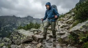 Rugged rain chaps protecting a hiker's legs during a rocky mountain trek.