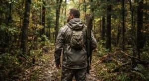 Back view of a hunter wearing a quiet, silent-fabric waterproof hunting jacket in the forest.
