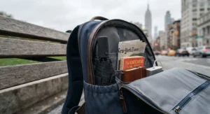 A small travel umbrella packed neatly inside a commuter backpack, perfect for daily use in New York City.