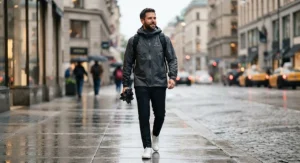 Stylish grey windbreaker rain jacket worn by a man walking through a city street