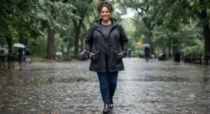 A stylish black plus size rain jacket for women featuring an adjustable hood and deep pockets.