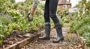 Stylish rubber wellington boots women used for gardening in the backyard