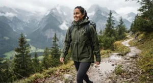 An active woman hiking in the mountains wearing an olive green hooded women's rain jacket.
