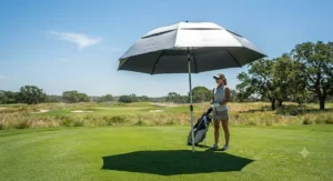 A large windproof golf umbrella featuring UV protection coating deployed on a bright sunny day on the links.