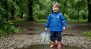 Toddler boy smiling while wearing a blue rain jacket for kids outside in a park