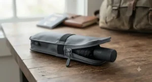 A sleek, waterproof protective case holding a folded pocket-sized travel umbrella ready for packing.