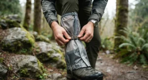 Close-up of lightweight, waterproof rain chaps being adjusted before a day hike.