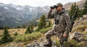Hunter glassing for elk while wearing a rugged waterproof big game hunting jacket.