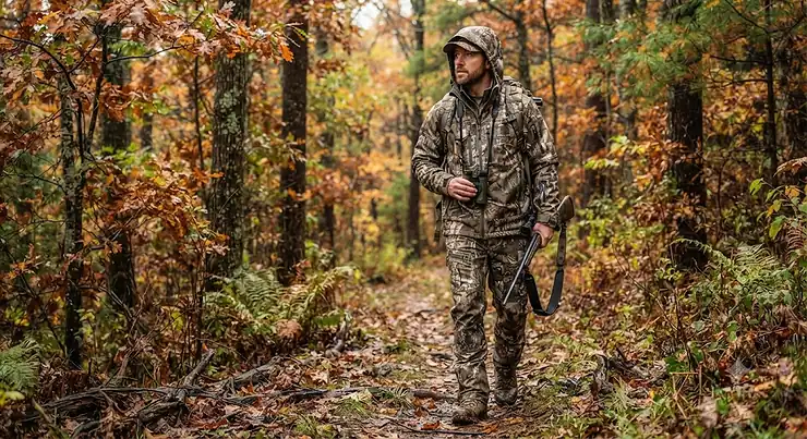 Man wearing a camouflage waterproof hunting jacket while scouting in the autumn woods.