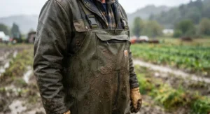 Close-up of waterproof rain bib overalls designed for men working in agriculture