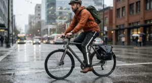 A man cycling to work in the city wearing reflective waterproof rain pants over regular clothes