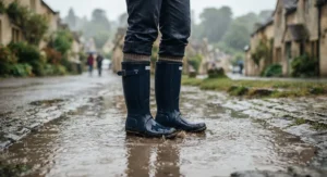 Waterproof tall wellington boots women standing in a puddle during a rainy day
