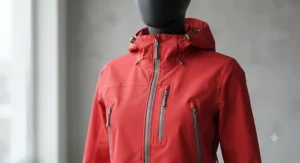 Vibrant red windproof women's rain jacket showcasing secure zippered pockets and a full front zipper.