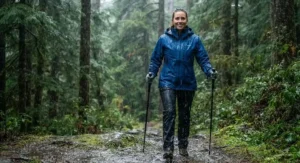 A woman testing an affordable, high-performance rain jacket under a heavy downpour to demonstrate its weather protection.