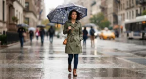 Stylish woman in a trench coat holding a patterned automatic open close umbrella on a city street