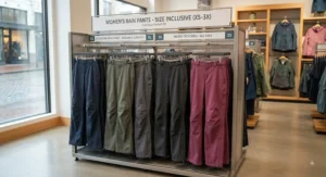 Selection of comfortable, size-inclusive women's rain pants displayed on a rack