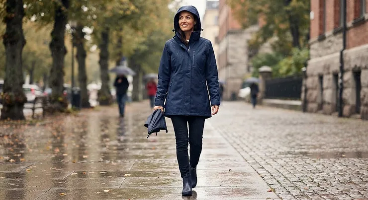 A woman wearing a stylish navy blue waterproof women's rain jacket while walking outdoors on a rainy day.