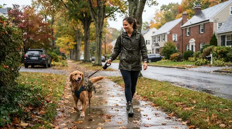 Dog owner wearing an adjustable waterproof baseball cap on a neighborhood walk.