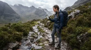 A hiker using a smartphone navigation app while wearing waterproof texting gloves on a rainy mountain trail.