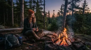 Camper sitting by a tent wearing a black waterproof baseball cap in the woods.