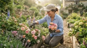 Gardener wearing a breathable waterproof baseball cap while tending to backyard plants.