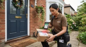 A delivery driver wearing cold-weather waterproof gloves scanning a package barcode with a handheld digital device.