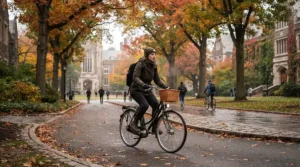 A commuter student riding a bicycle through campus wearing a protective down jacket for college students on a frosty morning.