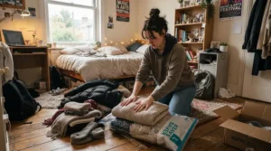 A student packing an affordable down jacket for college students into a space-saving bag inside a campus dorm room.