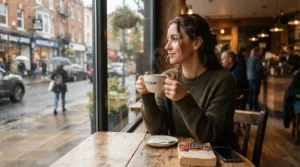 A student sitting by a sunny cafe window holding a hot beverage in a stylish down jacket for college students.