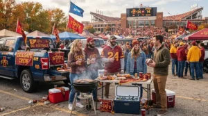 Students cheering at an outdoor stadium tailgate event wearing a durable down jacket for college students in cold weather.