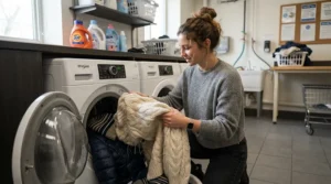 A student pulling a freshly cleaned down jacket for college students out of a campus apartment washing machine.
