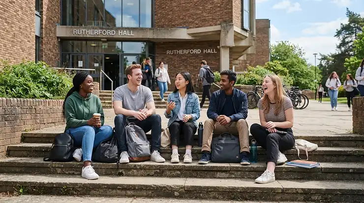 Friends hanging out on campus steps wearing a comfortable down jacket for college students on a crisp day.