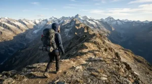 A student hiking on a mountain trail wearing a lightweight down jacket for college students during an outdoor excursion.