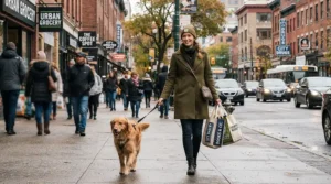 Shopper wearing a down jacket for dog walking in winter while multitasking with errands outside local shops.
