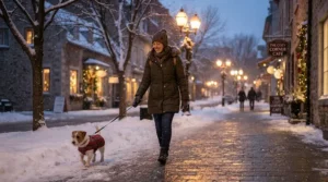 Person in a down jacket for dog walking in winter under glowing streetlights during a cold evening.