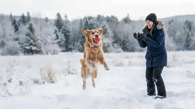 Active dog owner in a down jacket for dog walking in winter playing fetch in a snowy athletic field.