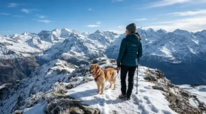 Traveler in a down jacket for dog walking in winter with a scenic mountain range in the background.
