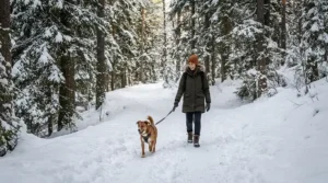 Hiker in a down jacket for dog walking in winter along a snow-covered park path with pine trees.